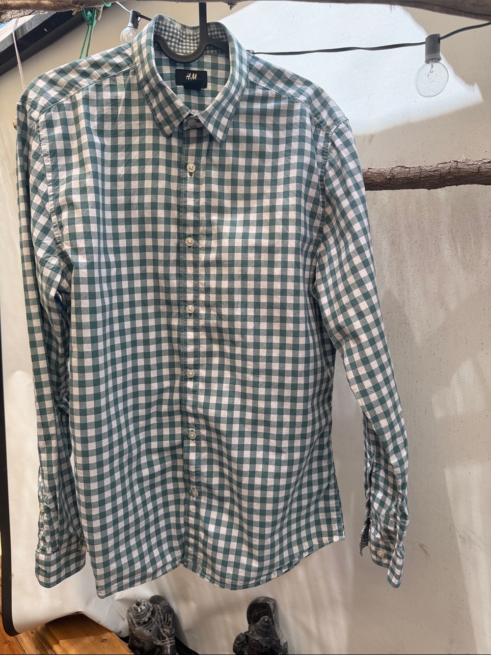 H&M Men's Green and White Gingham Button-Down Shirt